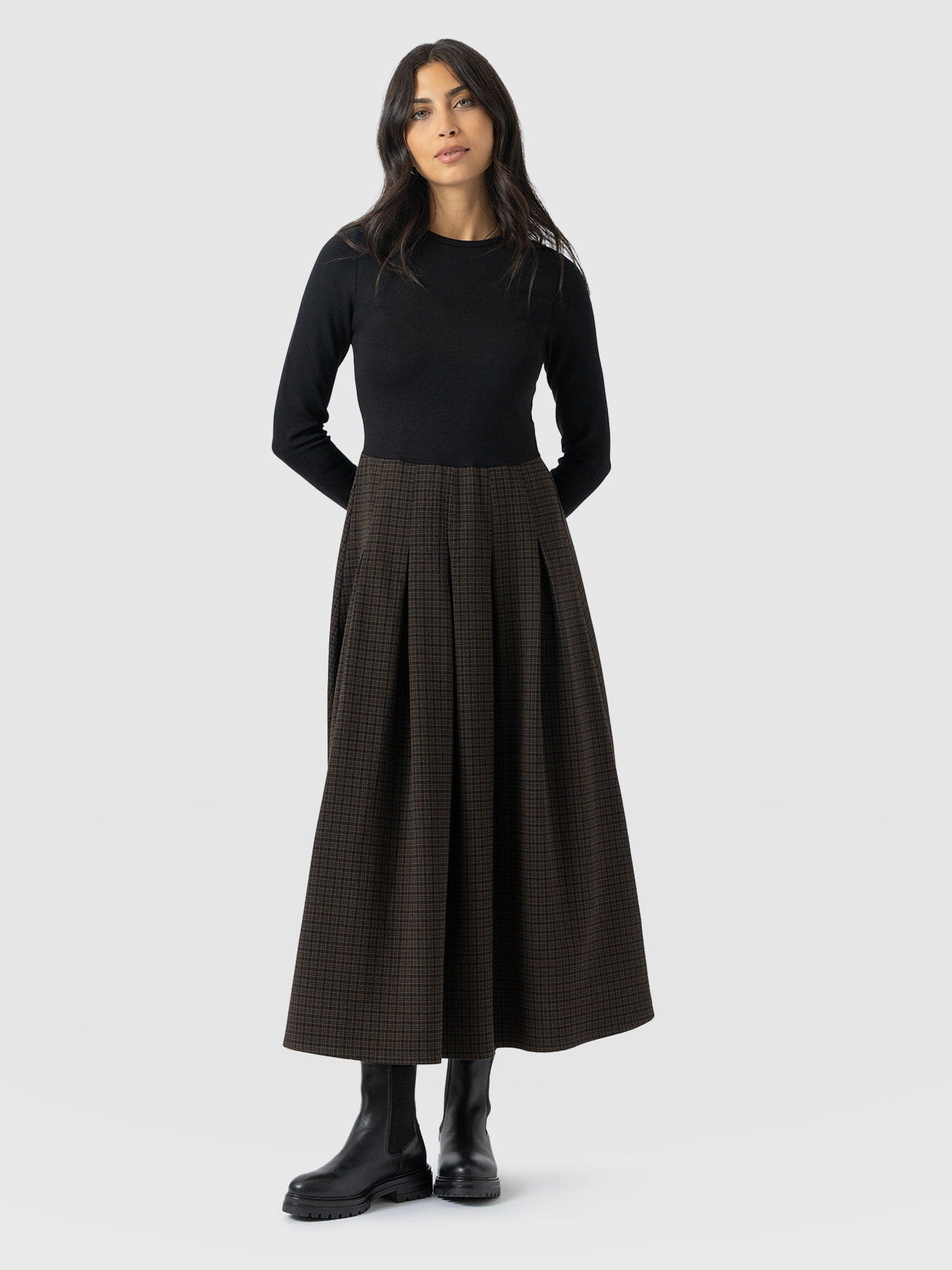 Renee Contrast Long Sleeve Dress - Brown Check - Women's Dresses | Saint + Sofia® USA